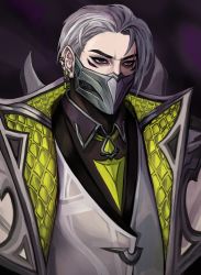 Rule 34 | 1boy, aevi (lohenwolfe), artist name, black eyes, black shirt, character request, check character, collared shirt, debonair zed, gradient background, grey hair, grey jacket, highres, jacket, league of legends, male focus, mask, mouth mask, multicolored clothes, multicolored jacket, official alternate costume, open clothes, open jacket, shirt, short hair, solo, upper body, yellow jacket, zed (league of legends)