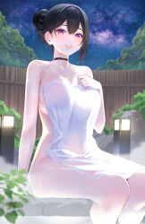 Rule 34 | 1girl, black choker, black hair, breasts, choker, collarbone, commentary request, hair between eyes, hair ornament, hairclip, highres, kfr, large breasts, looking at viewer, mole, mole on breast, naked towel, night, night sky, onsen, original, outdoors, parted lips, purple eyes, short hair, sitting, sky, smile, solo, steam, thighs, towel, wet