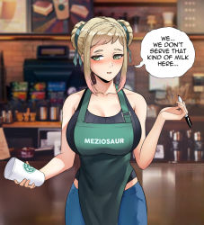 Rule 34 | 1girl, alternate costume, apron, bare shoulders, barista, black shirt, blonde hair, blue pants, blush, braid, braided bun, breasts, cafe, coffee maker, collarbone, commentary, contemporary, cup, double bun, english commentary, english text, fire emblem, fire emblem heroes, gradient hair, green apron, green eyes, green ribbon, hair bun, hair ribbon, half-closed eyes, henriette (fire emblem), holding, holding cup, holding pen, iced latte with breast milk (meme), indoors, large breasts, looking at viewer, meme, meziosaur, multicolored hair, nintendo, pants, pen, pink hair, ribbed shirt, ribbon, shirt, short hair, sidelocks, sleeveless, sleeveless shirt, solo, speech bubble, starbucks, surprised