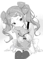 Rule 34 | 1girl, ahoge, apron, blush, bow, closed mouth, feet out of frame, greyscale, hair ornament, hairclip, head tilt, heart, henreader, highres, kyou kara ore wa loli no himo!, long hair, long sleeves, looking at viewer, monochrome, non-web source, oven mitts, simple background, sitting, solo, tanzawa chizuru, thighhighs, twintails, white background
