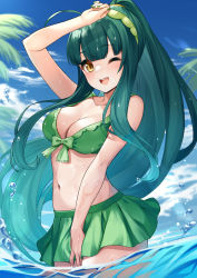 Rule 34 | 1girl, absurdres, bare arms, bare legs, bare shoulders, bikini, blush, breasts, cleavage, collarbone, cowboy shot, day, green bikini, green hair, highres, large breasts, long hair, navel, ocean, one eye closed, open mouth, ponytail, smile, solo, swimsuit, tenneko yuuri, touhoku zunko, voiceroid, water, yellow eyes