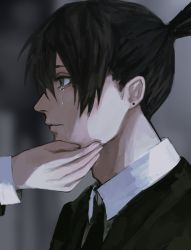 Rule 34 | 1boy, 1other, bad id, bad twitter id, black hair, black neckwear, black suit, blurry, blurry background, chainsaw man, closed mouth, crying, crying with eyes open, earrings, formal, grey eyes, hand on another&#039;s cheek, hand on another&#039;s face, hayakawa aki, highres, inuo (inuo x), jewelry, male focus, ponytail, solo focus, stud earrings, suit, tears, upper body