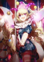 Rule 34 | 1girl, american flag dress, american flag legwear, blonde hair, carousel, clownpiece, dress, fairy wings, hat, highres, jester cap, long hair, looking at viewer, neck ruff, no-kan, open mouth, pantyhose, polka dot, purple eyes, short dress, short sleeves, sitting, smile, solo, star (symbol), star print, striped clothes, striped pantyhose, torch, touhou, v, wings