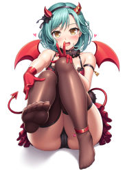 Rule 34 | 1girl, ankle belt, aqua hair, ass, bang dream!, bare shoulders, black panties, blush, brown eyes, brown thighhighs, cameltoe, commentary, demon tail, fake horns, feet, full body, fur collar, gloves, hairband, hand on own knee, heart, hikawa hina, horns, lambda (kusowarota), looking at viewer, panties, red gloves, red skirt, short hair, simple background, sitting, skirt, soles, solo, tail, thighhighs, toes, underwear, v, white background, wings