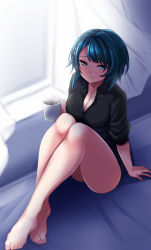 Rule 34 | 1girl, absurdres, aizawa kazuha, assault lily, bare legs, barefoot, black shirt, blue eyes, blue hair, blurry, blurry background, breasts, cleavage, closed mouth, coffee, coffee mug, collarbone, collared shirt, commentary request, crossed ankles, cup, curtains, dress shirt, from above, full body, hair ornament, hairclip, hand up, highres, holding, holding cup, indoors, knees to chest, knees up, large breasts, light smile, looking at viewer, looking up, mug, no pants, shirt, short hair, sitting, sleeves past elbows, sleeves pushed up, solo, steam, window, windowsill, yunodon (sugar maple)