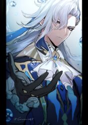 Rule 34 | 1boy, ascot, black gloves, blue hair, bubble, closed mouth, coat, genshin impact, gloves, grey hair, hair between eyes, highres, long hair, long sleeves, looking at viewer, male focus, multicolored hair, neuvillette (genshin impact), pillarboxed, purple eyes, simple background, solo, sonomi, twitter username, upper body, water, white ascot
