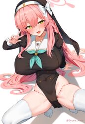 Rule 34 | 1girl, alternate costume, black headwear, blue archive, blush, breasts, covered navel, green eyes, halo, hanako (blue archive), hand up, huge breasts, long hair, long sleeves, looking at viewer, marota, nun, pink hair, solo, spread legs, squatting, thighhighs, thighs, white thighhighs
