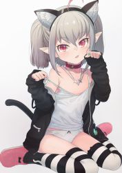 Rule 34 | 1girl, ahoge, animal ear legwear, animal ears, bare shoulders, blush, bow, bow panties, camisole, cat ear legwear, cat ears, collar, collarbone, fake animal ears, grey hair, hairband, highres, jacket, jewelry, looking at viewer, makaino ririmu, medium hair, multicolored hair, nail polish, necklace, nijisanji, no pants, off shoulder, open clothes, open jacket, panties, parted lips, paw pose, pointy ears, red collar, red eyes, red hair, sabamen, sidelocks, simple background, sitting, sleeves past wrists, slippers, solo, strap slip, streaked hair, striped clothes, striped thighhighs, thighhighs, twintails, underwear, virtual youtuber, wariza