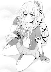 Rule 34 | 10s, 1girl, blush, boots, buttons, collarbone, gloves, greyscale, heart, jacket, kantai collection, long hair, monochrome, partially fingerless gloves, pleated skirt, ponytail, rui shi (rayze ray), sailor collar, short sleeves, skirt, smile, solo, very long hair, yura (kancolle), yura kai ni (kancolle)