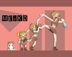 Rule 34 | age comparison, aged down, aged up, ahoge, angry, baby, bottle, brown hair, child, drunk, kuro1671, laughing, meiko (vocaloid), short hair, skirt, vocaloid