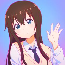Rule 34 | 1girl, blue background, blue eyes, blue necktie, brown hair, cardigan, closed mouth, collared shirt, commentary, gradient background, hair over shoulder, hand up, head tilt, highres, ilya kuvshinov, long hair, looking at viewer, miwa ai, mole, mole under eye, necktie, official art, oomuro-ke, open hand, purple background, second-party source, shirt, smile, solo, white shirt, yellow cardigan, yuru yuri
