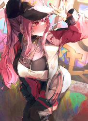 Rule 34 | 1girl, absurdres, alternate costume, black headwear, casual, highres, hololive, hololive english, long hair, mori calliope, mori calliope (streetwear), pink hair, straight hair, virtual youtuber, yukirei