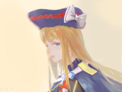 Rule 34 | 1girl, 2016, blonde hair, blue eyes, cape, colored eyelashes, dated, hat, highres, long hair, looking at viewer, muyuzhi guang, northampton (warship girls r), parted lips, simple background, sketch, solo, warship girls r, yellow background