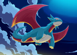 Rule 34 | absurdres, animal focus, artist request, claws, cloud, cloudy sky, creatures (company), dragon, dragon tail, dragon wings, fangs, flying, full body, game freak, gen 3 pokemon, highres, looking at viewer, nintendo, no humans, pokemon, pokemon (creature), salamence, simple background, sky, solo, tail, wings