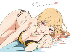 Rule 34 | 1girl, bead bracelet, beads, bikini, black bikini, blonde hair, blush, bracelet, breasts, cleavage, colored tips, fingernails, floral print, highres, jewelry, kitagawa marin, large breasts, looking at viewer, lying, multi-strapped bikini, multicolored hair, nail polish, necklace, on side, open mouth, pink hair, pink nails, print bikini, red eyes, shiny skin, smile, solo, sono bisque doll wa koi wo suru, swimsuit, thighs, two-tone hair, umanosuke, v