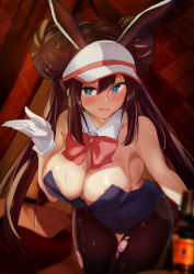 Rule 34 | 1girl, aqua eyes, areola slip, bare shoulders, blue leotard, blurry, blurry foreground, bottle, bow, bowtie, breasts, brown hair, cleavage, creatures (company), detached collar, double bun, game freak, gloves, hair between eyes, hair bun, hand up, highleg, highleg leotard, highres, kobiemon, large breasts, leaning back, leotard, long hair, looking at viewer, lower teeth only, nintendo, open mouth, pantyhose, playboy bunny, pokemon, pokemon bw2, red bow, red bowtie, rosa (pokemon), sidelocks, solo, strapless, strapless leotard, sweat, teeth, thigh gap, thighs, torn clothes, torn pantyhose, twintails, visor cap, white gloves, wine bottle
