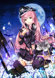 Rule 34 | 1girl, baiguiyu, bat (animal), belt, blood, blood from mouth, blood on breasts, breasts, cleavage, full moon, hat, long hair, looking at viewer, medium breasts, megurine luka, moon, peaked cap, pink hair, purple thighhighs, red eyes, smile, solo, thighhighs, very long hair, vocaloid