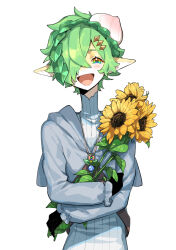 Rule 34 | black gloves, bouquet, colored skin, flower, gloves, green eyes, green hair, grey hoodie, hair over one eye, highres, holding, holding bouquet, hood, hoodie, jewelry, leaf, long sleeves, looking at viewer, necklace, open mouth, pointy ears, short hair, smile, sunflower, yadayada, yellow skin