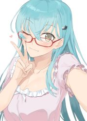 Rule 34 | 10s, 1girl, ;), alternate costume, bespectacled, blush, bow, breasts, brown eyes, cleavage, closed mouth, collarbone, commentary request, dress, eyebrows, frilled sleeves, frills, glasses, green hair, hair between eyes, hair ornament, hairclip, hand gesture, hayashi kewi, head tilt, heart, kantai collection, large breasts, long hair, looking at viewer, medium breasts, one eye closed, outstretched arm, pink dress, pink shirt, reaching, reaching towards viewer, selfie, shirt, simple background, smile, solo, suzuya (kancolle), upper body, v, white background, white bow