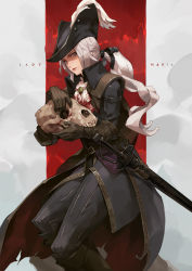 Rule 34 | 1girl, ascot, black coat, black hat, black pants, blood, blood on clothes, bloodborne, boots, brown gloves, character name, closed mouth, coat, commentary request, elbow gloves, feet out of frame, gloves, grey eyes, hand up, hat, hat feather, highres, holding, holding skull, jiro (ninetysix), knee boots, lady maria of the astral clocktower, long coat, long hair, long sleeves, looking at viewer, pants, ponytail, rakuyo (bloodborne), red background, scabbard, sheath, sheathed, skull, solo, standing, sword, the old hunters, tricorne, two-tone background, weapon, white background, white hair
