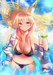 Rule 34 | 1girl, absurdres, adjusting clothes, adjusting headwear, animal ear fluff, animal ears, artist request, bad id, bad pixiv id, bikini, blue bikini, blush, breasts, cleavage, collarbone, covered navel, day, ears through headwear, fate/grand order, fate (series), fox ears, hat, highres, large breasts, looking at viewer, ocean, outdoors, pink hair, side-tie bikini bottom, solo, straw hat, swimsuit, tamamo (fate), tamamo no mae (fate/extra), tamamo no mae (swimsuit lancer) (fate), tamamo no mae (swimsuit lancer) (second ascension) (fate), yellow eyes