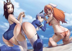 Rule 34 | 10s, 3girls, :d, animal ears, arm support, ass, barefoot, bent over, bikini, blue eyes, blush, breasts, brown eyes, brown hair, butt crack, cameltoe, cat ears, cloud, dog ears, fake animal ears, feet, fin e ld si laffinty, from behind, grin, hairband, highres, kneeling, kyouno madoka, large breasts, legs, leotard, long hair, looking back, muginami, multiple girls, one-piece swimsuit, open mouth, orange hair, partially visible vulva, paw pose, rabbit ears, rinne no lagrange, sawaragi, shiny skin, short hair, side-tie bikini bottom, silver hair, sky, smile, soles, swimsuit, thighhighs, thighs
