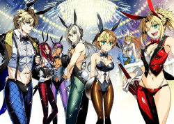 Rule 34 | 3girls, 4boys, adjusting eyewear, animal ears, arms behind back, artoria pendragon (all), artoria pendragon (fate), artoria pendragon (swimsuit ruler) (fate), asymmetrical clothes, asymmetrical legwear, bare shoulders, bedivere (fate), bikini briefs, black-framed eyewear, black legwear, blonde hair, blue legwear, blue leotard, blue neckwear, blush, bow, bowtie, braid, breasts, card, clarent (fate), cleavage, closed eyes, coattails, collarbone, cowboy shot, crossed legs, detached collar, fake animal ears, fangs, fate/apocrypha, fate/extra, fate/grand order, fate (series), feet out of frame, fishnets, full body, gareth (fate), gawain (fate), glasses, green eyes, hair between eyes, hand on own hip, high heels, highres, holding, holding sword, holding weapon, holster, ishida akira, knights of the round table (fate), lancelot (fate/grand order), large breasts, leotard, long hair, looking at viewer, male playboy bunny, male underwear, martini, medium breasts, mordred (fate), mordred (fate/apocrypha), mother and daughter, multiple boys, multiple girls, navel, on railing, one eye closed, open mouth, pants, pantyhose, playboy bunny, playing card, ponytail, purple eyes, purple hair, purple legwear, rabbit ears, railing, red legwear, red neckwear, red pants, red vest, short hair, siblings, silver hair, single pantsleg, sisters, sitting, sleeveless, smile, sparkle, sparkle background, standing, strapless, strapless leotard, suspenders, sweatdrop, sword, tan, teeth, tongue, toy sword, tray, tristan (fate), underwear, uneven legwear, vest, waistcoat, weapon, white leotard, wrist cuffs