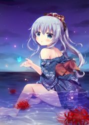 Rule 34 | 10s, 1girl, alternate costume, alternate hairstyle, artist name, barefoot, blue eyes, blue hair, blurry, blush, bug, butterfly, depth of field, flower, from side, glowing, heart, heart of string, hibiki (kancolle), highres, bug, japanese clothes, kantai collection, kimono, light particles, long hair, matching hair/eyes, mitsuki ponzu, night, obi, off shoulder, outdoors, ponytail, sash, signature, silhouette, sitting, solo, spider lily, triangle mouth, water, yagasuri, yukata