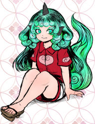 Rule 34 | 1girl, absurdres, collared shirt, commentary request, curly hair, flat chest, full body, geta, green eyes, green hair, grey horns, highres, horns, kariyushi shirt, komano aunn, long hair, looking at viewer, miazuma sarin, parted lips, red shirt, shirt, short sleeves, shorts, single horn, sitting, smile, solo, tail, touhou, white shorts