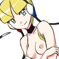 Rule 34 | 1girl, blonde hair, blue eyes, breasts, breasts out, covered erect nipples, creatures (company), elesa (pokemon), game freak, gomatarou (pixiv196136), looking at viewer, lowres, nintendo, nipples, pokemon, pokemon bw, short hair, smile