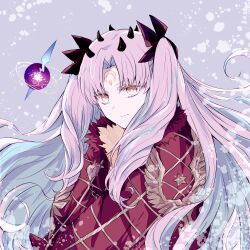 Rule 34 | 1girl, black horns, black ribbon, blue hair, cloak, closed mouth, colored inner hair, crescent, crescent facial mark, facial mark, fate/grand order, fate (series), forehead mark, fur-trimmed cloak, fur trim, grey background, hair ribbon, highres, horns, ishtar (fate), light purple hair, light smile, long hair, looking at viewer, multicolored hair, multiple horns, parted bangs, red cloak, red ribbon, ribbon, sodamachi, solo, space ishtar (fate), space ishtar (third ascension) (fate), star-shaped pupils, star (symbol), symbol-shaped pupils, two-tone hair, two-tone ribbon, two side up, upper body, yellow eyes