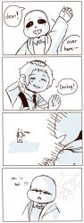 Rule 34 | 1boy, 4koma, = =, aged up, alternate universe, androgynous, bag, balding, comic, disgust, english text, frisk (undertale), frown, highres, jacket, mamaito, monochrome, necktie, old, sans (undertale), shaded face, simple background, skeleton, undertale
