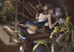 Rule 34 | 1girl, absurdly long hair, azuma (azur lane), azuma (soft voice of spring) (azur lane), azur lane, bare back, black garter straps, black hair, breasts, brown gloves, brown thighhighs, chinese clothes, dress, extreme dangling, flower, garter straps, gloves, hair flower, hair ornament, half gloves, lace, lace-trimmed legwear, lace trim, large breasts, linzxien, long hair, looking at viewer, no shoes, official alternate costume, purple dress, purple flower, shoes, shoulder tattoo, soles, solo, tattoo, thighhighs, very long hair, white flower, white footwear, yellow eyes