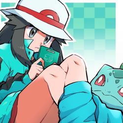 Rule 34 | 1girl, ayo (ayosanri009), blue legwear, bulbasaur, buttons, closed mouth, coat, commentary request, creatures (company), crossed legs, frown, game boy advance sp, game freak, gen 1 pokemon, green coat, grey eyes, hair flaps, handheld game console, hat, holding, holding handheld game console, knees, leaf (pokemon), leaf (sygna suit) (pokemon), long hair, long sleeves, looking down, loose socks, nintendo, playing games, pokemon, pokemon (creature), pokemon masters ex, red skirt, sidelocks, skirt, socks, split mouth, venusaur, white headwear