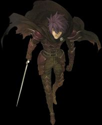 Rule 34 | 1boy, absurdres, armored boots, boots, brown eyes, cape, deen (fire emblem gaiden), fire emblem, fire emblem echoes: shadows of valentia, full body, gloves, hidari (left side), highres, male focus, nintendo, official art, one eye closed, purple hair, scan, scar, solo, sword, torn clothes, transparent background, weapon