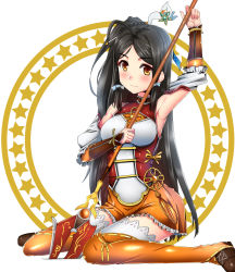 Rule 34 | 1girl, ara haan, arm up, armpits, bad id, bad pixiv id, black hair, blush, brown eyes, elsword, half updo, highres, little xia (elsword), long hair, looking at viewer, polearm, side ponytail, sitting, skyofgs, solo, spear, thighhighs, wariza, weapon, white background