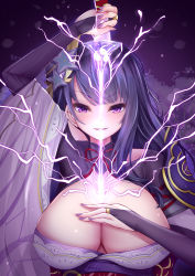 Rule 34 | 1girl, armor, braid, breasts, bridal gauntlets, cleavage, commentary request, cone hair bun, electricity, flower, genshin impact, hair bun, hair ornament, holding, holding sword, holding weapon, human scabbard, japanese clothes, kimono, koza900, large breasts, long hair, looking at viewer, mitsudomoe (shape), nail polish, obi, obiage, open mouth, purple eyes, purple flower, purple hair, purple nails, raiden shogun, ribbon, sash, shoulder armor, smile, solo, swept bangs, sword, tomoe (symbol), weapon, wide sleeves