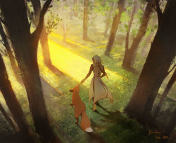 Rule 34 | 1boy, absurdres, animalization, barefoot, brown hair, commentary, english commentary, feeding, forest, fox, from behind, full body, genshin impact, gradient hair, highres, hood, hood up, long hair, male focus, multicolored hair, nature, official alternate costume, ponytail, scenery, solo, sunlight, tartaglia (genshin impact), tree, zhongli (archon) (genshin impact), zhongli (genshin impact)