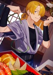 Rule 34 | 1boy, bishounen, blonde hair, blue eyes, curly eyebrows, facial hair, food, gen me, hair over one eye, highres, holding, japanese clothes, kimono, long hair, looking at viewer, male focus, one piece, open clothes, open kimono, ribbon, sanji (one piece), smile, smoking, solo