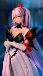 Rule 34 | 1girl, absurdres, armor, black choker, blue eyes, blurry, blurry background, breasts, choker, cleavage, closed mouth, collarbone, dress, floating hair, hair between eyes, highres, long dress, long hair, medium breasts, pink hair, ponytail, ruo candyyyy, shionne (tales), shoulder armor, shrug (clothing), solo, standing, strapless, strapless dress, tales of (series), tales of arise, very long hair, white dress
