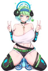 Rule 34 | 1girl, 5danny1206, absurdres, ahoge, belt, black belt, black choker, black horns, black shorts, black sleeves, black thighhighs, blue eyes, blue footwear, blue hair, blue hairband, bracelet, breasts, choker, cleavage, collarbone, curled horns, detached sleeves, double v, gradient hair, green belt, green hair, hairband, heart, heart ahoge, heart choker, highleg, highleg panties, highres, horns, jewelry, key, key necklace, large breasts, mole, mole on breast, multicolored hair, navel, necklace, original, panties, short hair, shorts, solo, squatting, star (symbol), strapless, thighhighs, tube top, two-tone footwear, underwear, v, white tube top