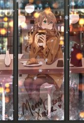 Rule 34 | 1girl, ahoge, bag, braid, brown coat, brown hair, brown skirt, cellphone, christmas, closed mouth, coat, coffee cup, commentary, counter, cup, disposable cup, english commentary, food, green eyes, hair between eyes, handbag, highres, lights, long hair, looking up, lucidsky, merry christmas, original, pantyhose, pastry, phone, plate, scarf, sitting, skirt, smartphone, smile, snowflakes, table, window