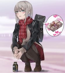 Rule 34 | 1girl, argyle, argyle clothes, argyle scarf, bag, black jacket, black pantyhose, blue eyes, blurry, blurry background, bottle, brown footwear, brown sweater, carrying, day, depth of field, earrings, fringe trim, gift, girls und panzer, heart, interlocked fingers, itsumi erika, jacket, jewelry, kuromorimine military uniform, loafers, long sleeves, looking at viewer, medium hair, miniskirt, outdoors, own hands together, pantyhose, parted lips, pleated skirt, print scarf, red scarf, red skirt, scarf, school bag, shoes, silver hair, skirt, solo, speech bubble, squatting, stud earrings, sweater, wani02, winter uniform