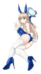 Rule 34 | 1girl, absurdres, akineki, animal ears, arm support, ass, blue archive, blunt bangs, bow, bowtie, breasts, detached collar, fake animal ears, fake tail, from behind, hair ribbon, halo, high heels, highres, leotard, long hair, looking at viewer, lying, medium breasts, on side, playboy bunny, ribbon, sideboob, skindentation, solo, tail, thighhighs, toki (blue archive), toki (bunny) (blue archive), v, white background, white thighhighs, wrist cuffs
