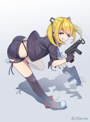 Rule 34 | 1girl, ass, asymmetrical legwear, bent over, black panties, blonde hair, blue eyes, butt crack, commentary, eyepatch, fingerless gloves, from side, full body, girls&#039; frontline, gloves, gradient background, gun, highres, holding, holding gun, holding weapon, jacket, kneehighs, looking at viewer, machine pistol, manme, mismatched legwear, panties, personal defense weapon, shadow, shoes, short shorts, shorts, simple background, skorpion (girls&#039; frontline), skorpion vz. 61, smile, sneakers, socks, solo, standing, standing on one leg, submachine gun, thighhighs, thong, tongue, tongue out, trigger discipline, twintails, twitter username, underwear, untied footwear, weapon, whale tail (clothing)