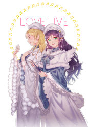Rule 34 | 10s, 2girls, ayase eli, bad id, bad pixiv id, beret, blonde hair, book, bow, closed eyes, copyright name, green eyes, hat, holding, holding book, long hair, love live!, love live! school idol festival, love live! school idol project, majiang, multiple girls, musical note, open mouth, profile, purple hair, ribbon, striped ribbon, tojo nozomi, white background, white wings, wings