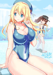 Rule 34 | 10s, 2girls, alternate costume, ass, atago (kancolle), barefoot, beret, blonde hair, blue eyes, blue one-piece swimsuit, breast envy, breasts, brown eyes, brown hair, cleavage, competition swimsuit, covered navel, from behind, from side, hat, highres, impossible clothes, kantai collection, large breasts, long hair, looking at another, looking to the side, multiple girls, one-piece swimsuit, poolside, ryuujou (kancolle), shaded face, shibi, sitting, smile, standing, swimsuit, visor cap, wet, wet clothes, wet swimsuit