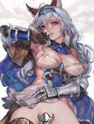Rule 34 | 10s, 1girl, animal ears, aoin, armor, boots, braid, breasts, censored, cleavage, convenient censoring, erune, gauntlets, granblue fantasy, hair between eyes, hair tubes, hairband, hand to own mouth, heles, large breasts, long hair, looking at viewer, novelty censor, parted lips, purple eyes, silver hair, single braid, solo, thigh boots, thighhighs, wet