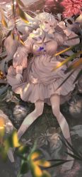 Rule 34 | 1girl, absurdres, bad id, bad pixiv id, blurry, blurry foreground, boots, branch, dress, flower, full body, grey dress, grey footwear, grey hair, hand up, highres, hirose (10011), holding, huge filesize, leaf, long hair, long sleeves, lying, on back, original, parted lips, pink flower, plant, purple eyes, solo