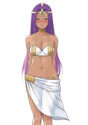 Rule 34 | 1girl, absurdres, arms behind back, bad id, bad pixiv id, bikini, blush, breasts, brown eyes, cleavage, collarbone, commentary request, dark-skinned female, dark skin, dragon quest, dragon quest iv, headgear, highres, long hair, looking at viewer, medium breasts, mil k vanilla, minea (dq4), navel, purple hair, sarong, solo, swimsuit, very long hair, white background, white bikini, white sarong
